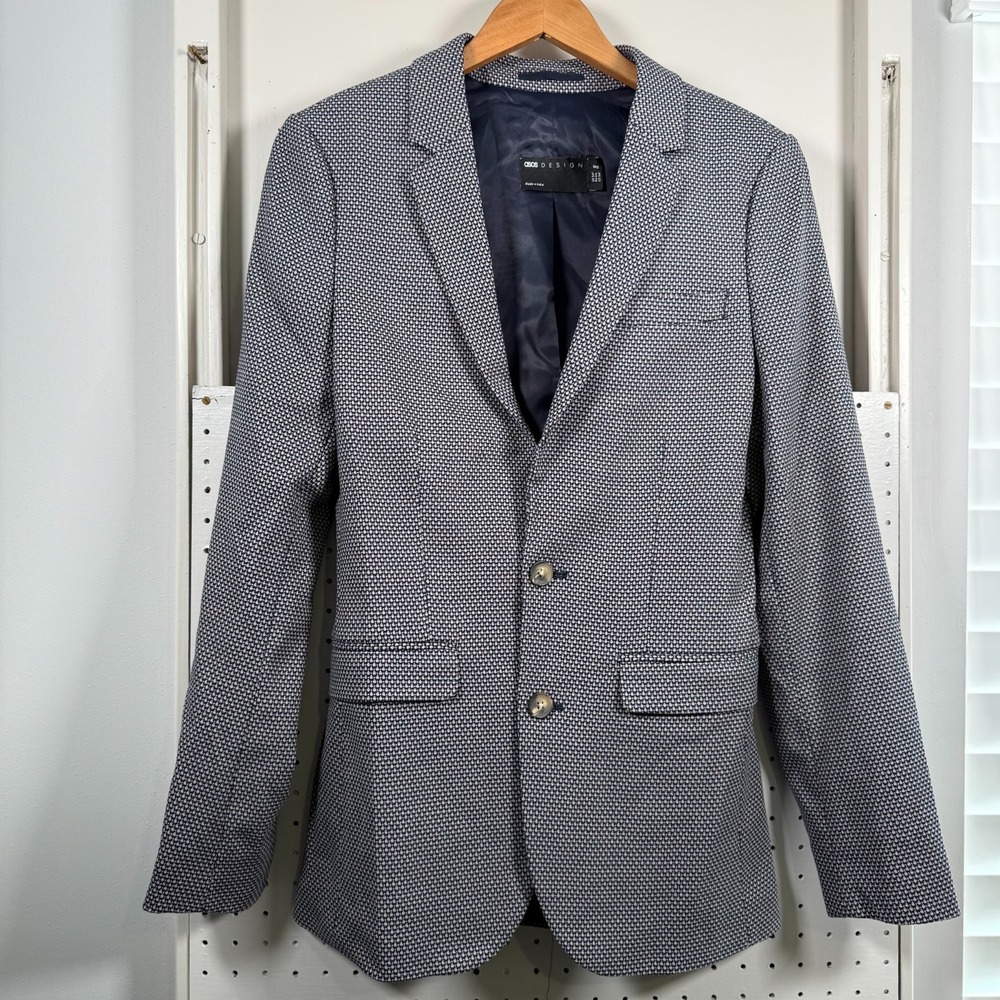 Asos Design Blazer Men's Blue White Single-Breast Notch Lapel Office Career - 34